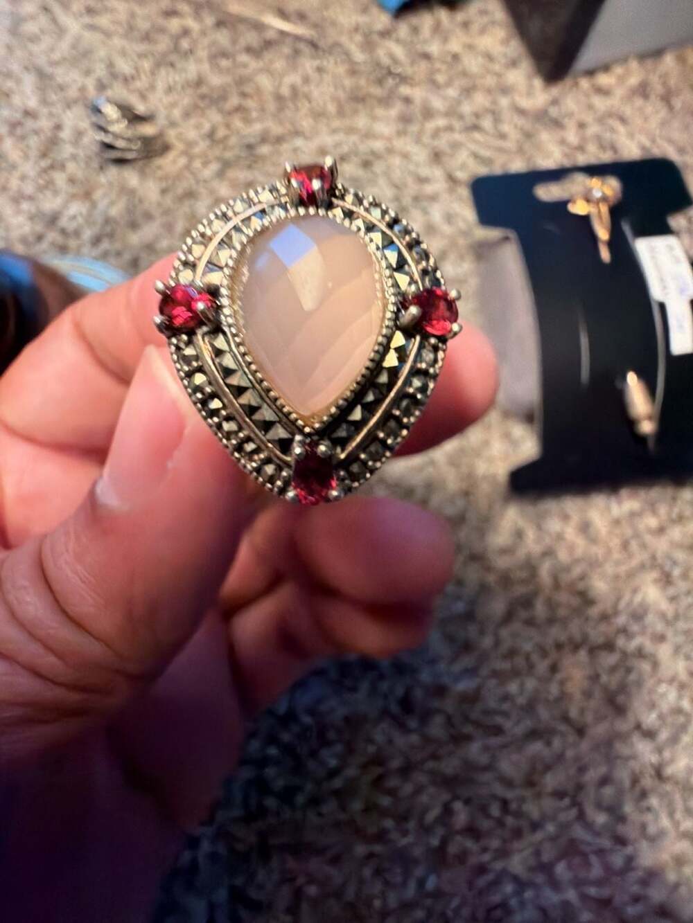 NF Sterling Silver Rose Quartz Garnet Marcasite Cocktail Ring